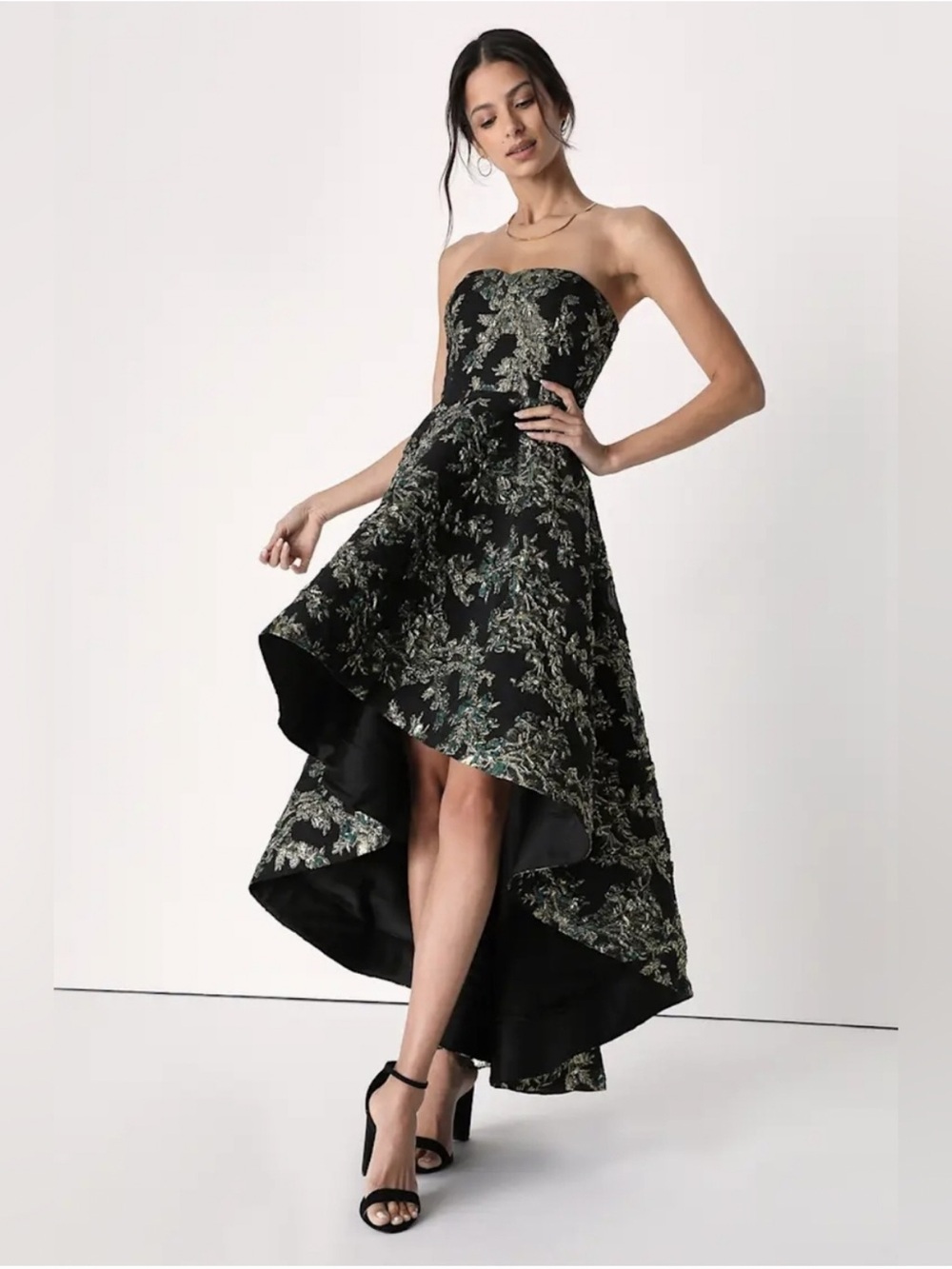 Lulu's Black Strapless High-Low Floral Prom Dress